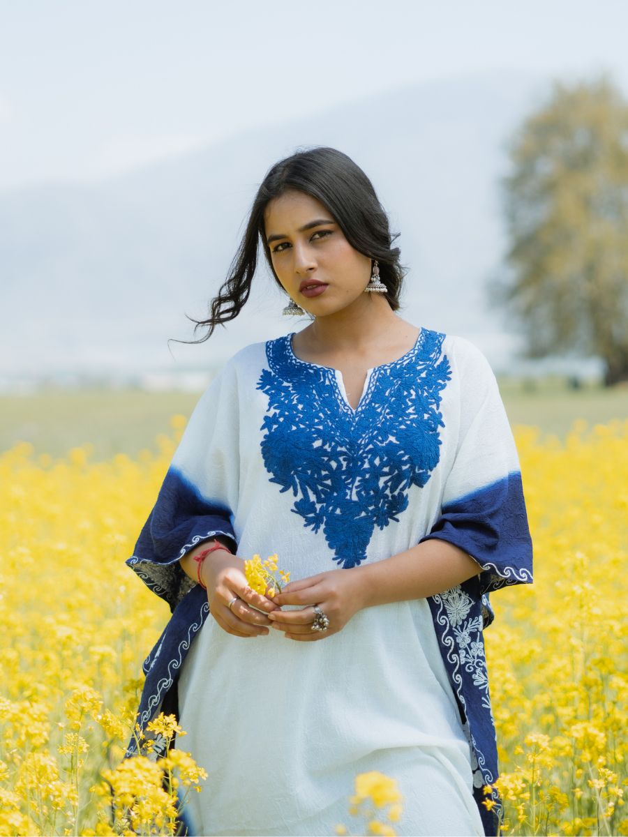 Kohsar White Cotton Kaftan with Indigo Valley Aari Embroidery - KaarKash